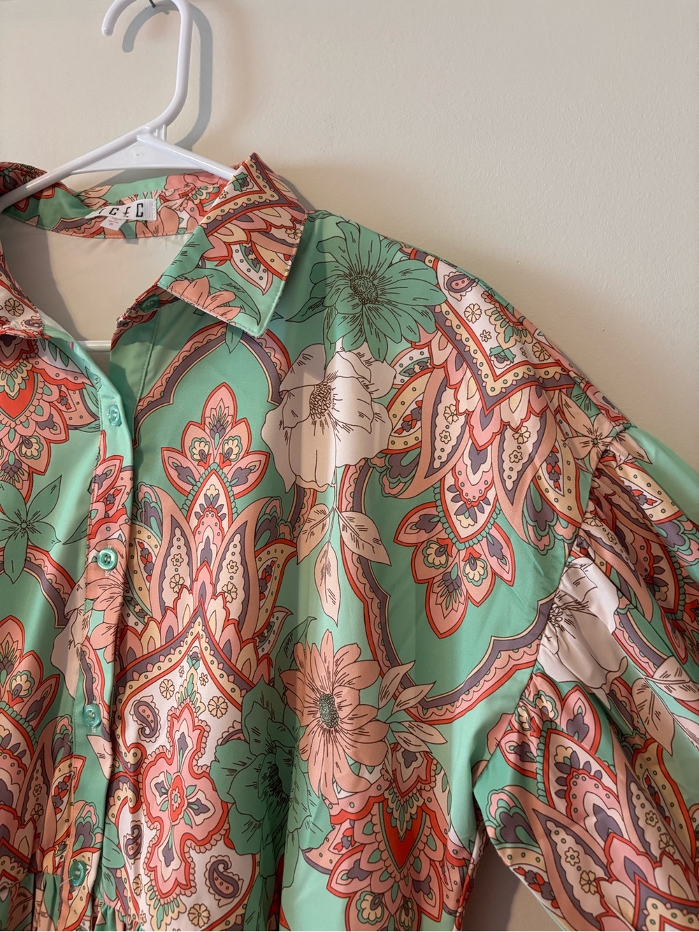 Summer Mint Green Paisley Floral Button-Up Babydoll Concert Dress - Picture 3 of 11
